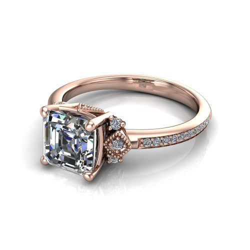 Presley square emerald-cut three stone engagement ring in 14K Rose Gold, three-quarter perspective showing the square emerald-cut center diamond, diamond side clusters, and pavé band