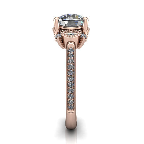 Presley round three stone engagement ring in 18K Rose Gold, side profile showing the diamond side clusters and pavé band
