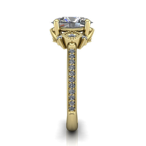 Presley oval three stone engagement ring in 18K Yellow Gold, side profile showing the diamond side clusters and pavé band