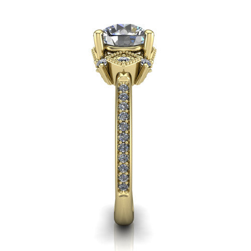 Presley round three stone engagement ring in 18K Yellow Gold, side profile showing the diamond side clusters and pavé band