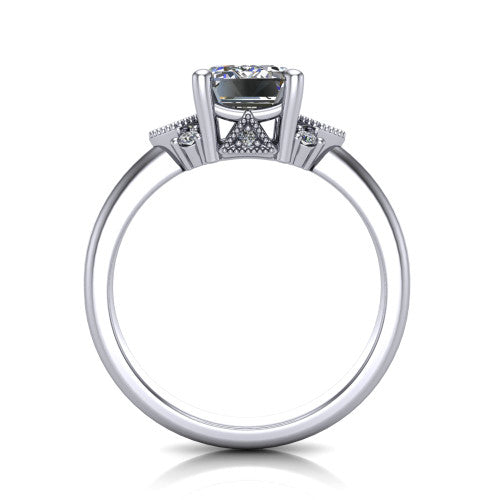 Presley emerald-cut three stone engagement ring in Platinum, through-finger front profile showing the cluster shoulders and gallery