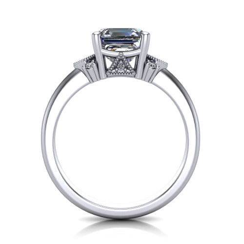 Presley square emerald-cut three stone engagement ring in 14K White Gold, through-finger front profile showing the cluster shoulders and gallery