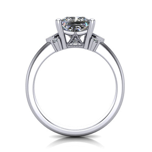 Presley princess-cut three stone engagement ring in 18K White Gold, through-finger front profile showing the cluster shoulders and gallery