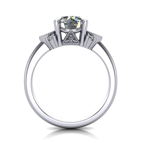 Presley round three stone engagement ring in 14K White Gold, through-finger front profile showing the cluster shoulders and gallery