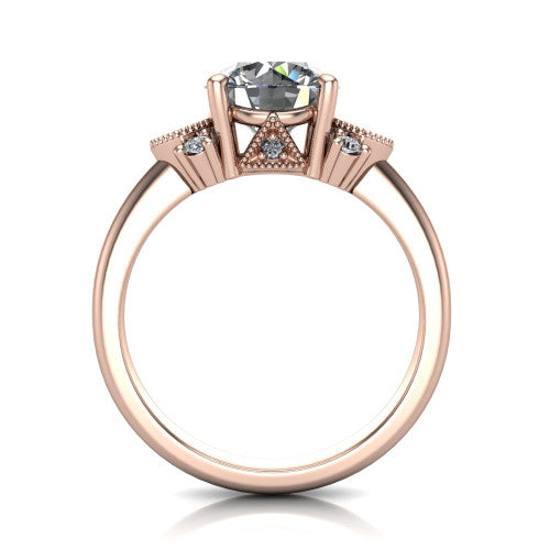 Presley round three stone engagement ring in 18K Rose Gold, through-finger front profile showing the cluster shoulders and gallery