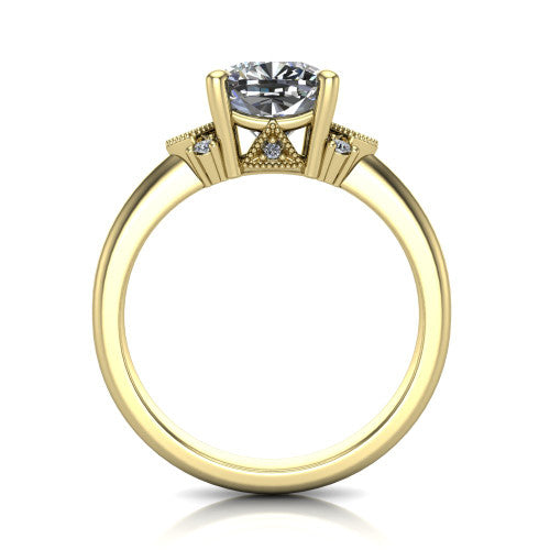 Presley cushion-cut three stone engagement ring in 14K Yellow Gold, through-finger front profile showing the cluster shoulders and gallery