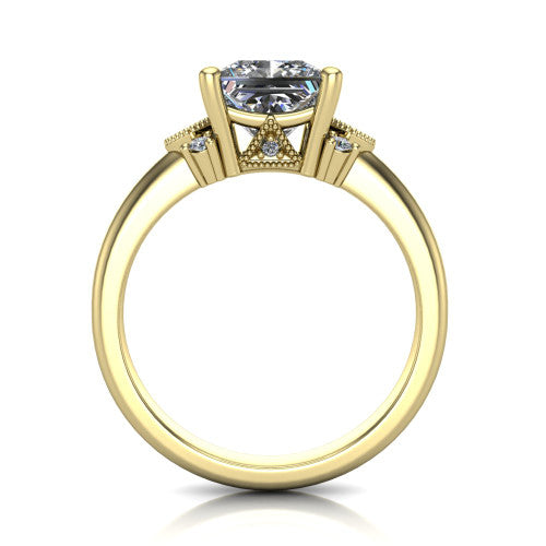 Presley princess-cut three stone engagement ring in 18K Yellow Gold, through-finger front profile showing the cluster shoulders and gallery