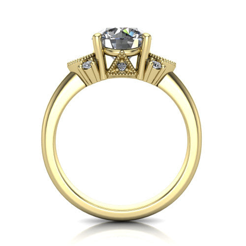 Presley round three stone engagement ring in 14K Yellow Gold, through-finger front profile showing the cluster shoulders and gallery
