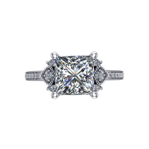 Presley princess-cut three stone engagement ring in Platinum, top-down view showing the princess-cut center diamond flanked by milgrain diamond clusters
