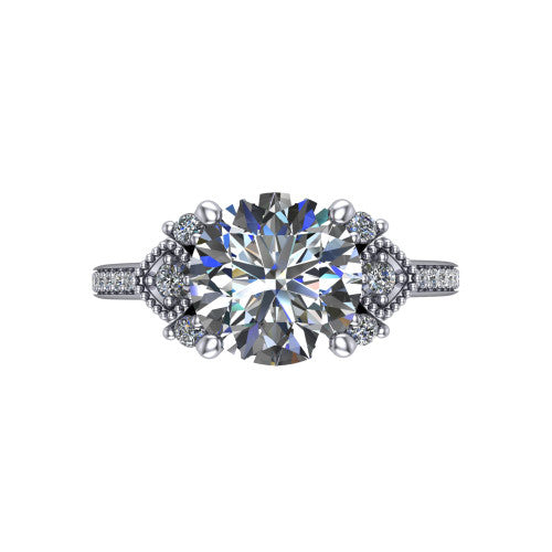Presley round three stone engagement ring in 18K White Gold, top-down view showing the round center diamond flanked by milgrain diamond clusters