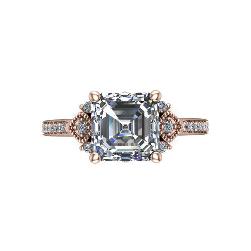 Presley square emerald-cut three stone engagement ring in 14K Rose Gold, top-down view showing the square emerald-cut center diamond flanked by milgrain diamond clusters