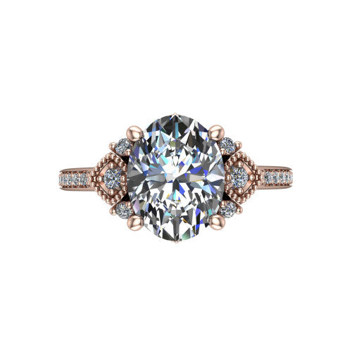 Presley oval three stone engagement ring in 14K Rose Gold, top-down view showing the oval center diamond flanked by milgrain diamond clusters