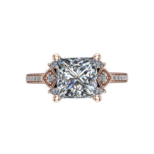 Presley princess-cut three stone engagement ring in 18K Rose Gold, top-down view showing the princess-cut center diamond flanked by milgrain diamond clusters
