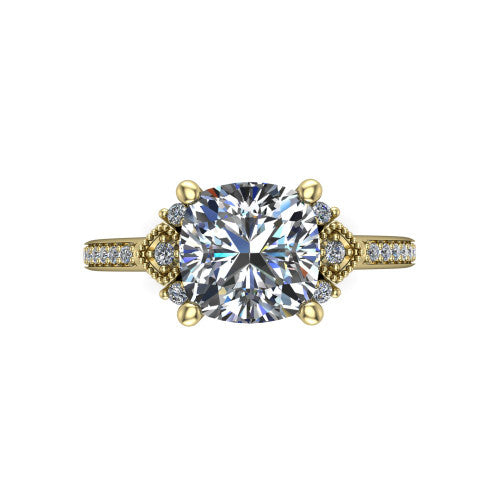 Presley cushion-cut three stone engagement ring in 14K Yellow Gold, top-down view showing the cushion-cut center diamond flanked by milgrain diamond clusters