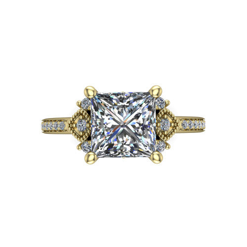 Presley princess-cut three stone engagement ring in 14K Yellow Gold, top-down view showing the princess-cut center diamond flanked by milgrain diamond clusters
