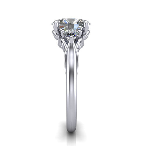 Harley oval three stone engagement ring in 18K White Gold, side profile showing the filigree scroll gallery, tapered cathedral shoulders, and polished band