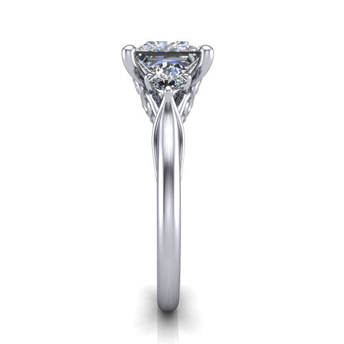 Harley princess three stone engagement ring in 18K White Gold, side profile showing the filigree scroll gallery, tapered cathedral shoulders, and polished band
