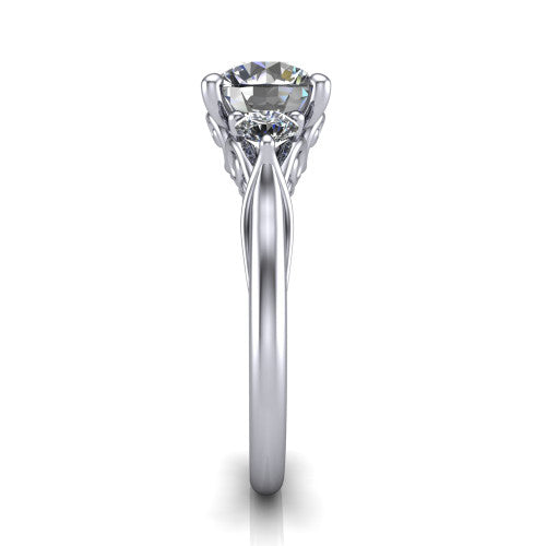 Harley round three stone engagement ring in 14K White Gold, side profile showing the filigree scroll gallery, tapered cathedral shoulders, and polished band