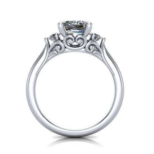 Harley emerald three stone engagement ring in 14K White Gold, through-finger front profile showing the three-stone head and filigree scrollwork under-gallery
