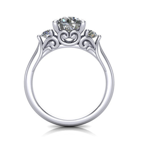 Harley round three stone engagement ring in Platinum, through-finger front profile showing the three-stone head and filigree scrollwork under-gallery
