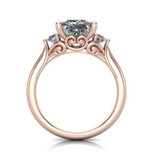 Harley princess three stone engagement ring in 14K Rose Gold, through-finger front profile showing the three-stone head and filigree scrollwork under-gallery