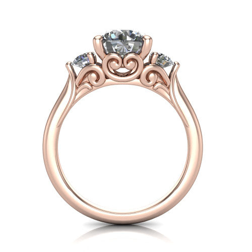 Harley round three stone engagement ring in 14K Rose Gold, through-finger front profile showing the three-stone head and filigree scrollwork under-gallery