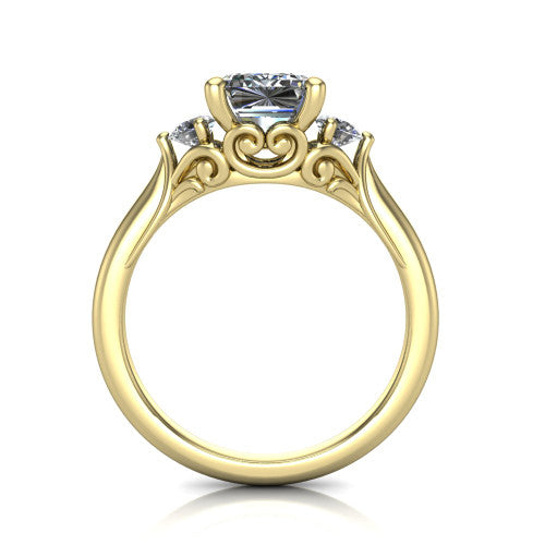 Harley emerald three stone engagement ring in 14K Yellow Gold, through-finger front profile showing the three-stone head and filigree scrollwork under-gallery