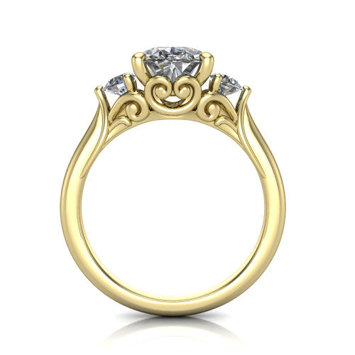 Harley oval three stone engagement ring in 18K Yellow Gold, through-finger front profile showing the three-stone head and filigree scrollwork under-gallery