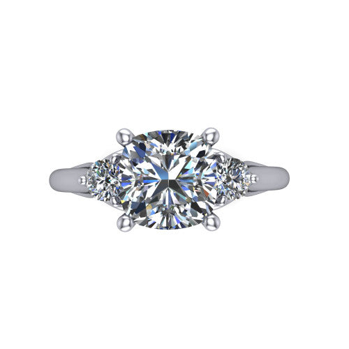 Harley cushion three stone engagement ring in Platinum, top-down view showing the brilliant cushion-cut center diamond with two matched round side diamonds
