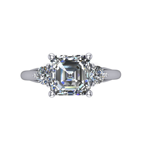 Harley square emerald three stone engagement ring in Platinum, top-down view showing the step-cut square emerald center diamond with two matched round side diamonds