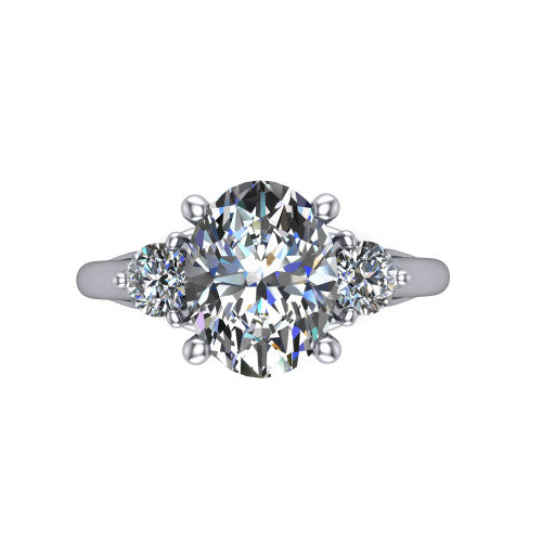Harley oval three stone engagement ring in 18K White Gold, top-down view showing the brilliant oval center diamond with two matched round side diamonds