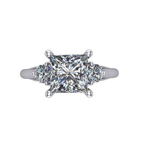 Harley princess three stone engagement ring in 18K White Gold, top-down view showing the brilliant princess-cut center diamond with two matched round side diamonds
