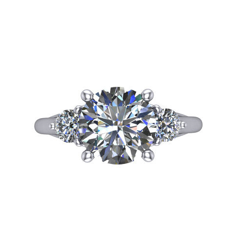 Harley round three stone engagement ring in Platinum, top-down view showing the brilliant round center diamond with two matched round side diamonds