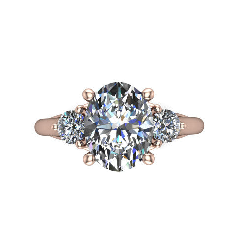 Harley oval three stone engagement ring in 14K Rose Gold, top-down view showing the brilliant oval center diamond with two matched round side diamonds