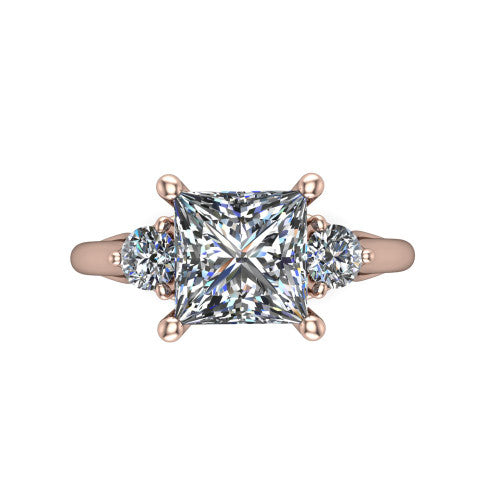 Harley princess three stone engagement ring in 14K Rose Gold, top-down view showing the brilliant princess-cut center diamond with two matched round side diamonds
