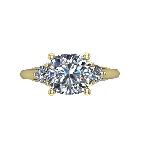 Harley cushion three stone engagement ring in 18K Yellow Gold, top-down view showing the brilliant cushion-cut center diamond with two matched round side diamonds