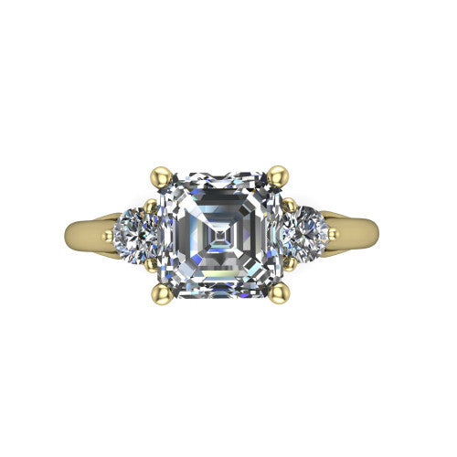 Harley square emerald three stone engagement ring in 18K Yellow Gold, top-down view showing the step-cut square emerald center diamond with two matched round side diamonds