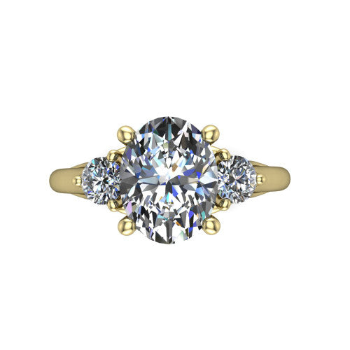 Harley oval three stone engagement ring in 18K Yellow Gold, top-down view showing the brilliant oval center diamond with two matched round side diamonds