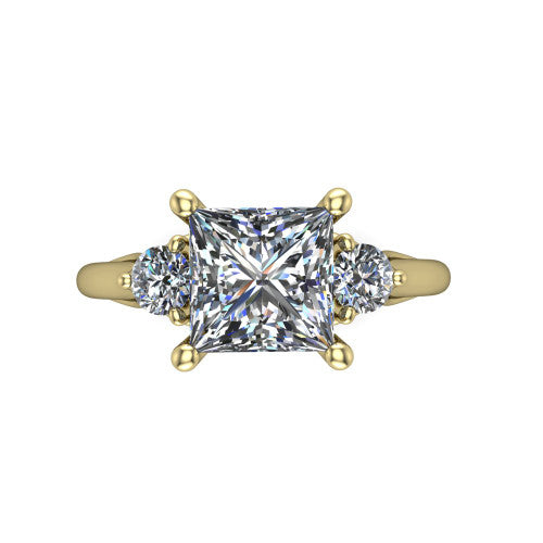 Harley princess three stone engagement ring in 18K Yellow Gold, top-down view showing the brilliant princess-cut center diamond with two matched round side diamonds