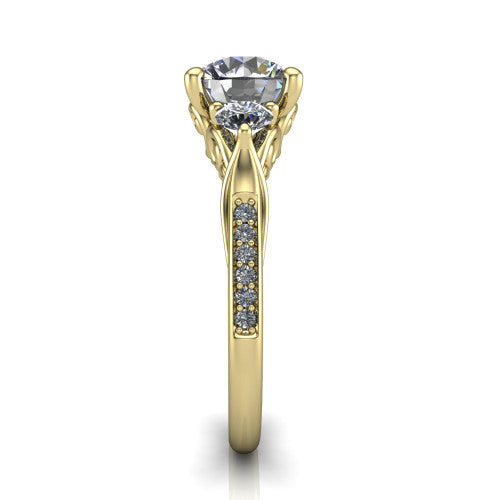 Celine round three stone engagement ring in 14K Yellow Gold, side profile showing the filigree gallery and pave diamond band along the shoulders