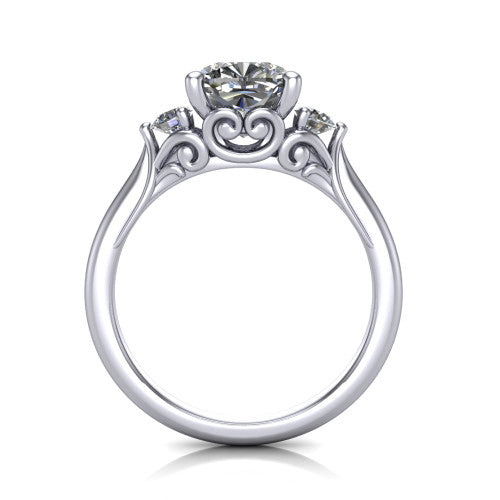 Celine cushion three stone engagement ring in 18K White Gold, top-down view showing the brilliant cushion-cut center diamond with two matched round side diamonds