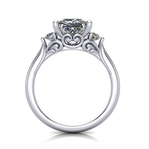 Celine princess three stone engagement ring in 18K White Gold, through-finger front profile showing the three-stone head and filigree scrollwork under-gallery