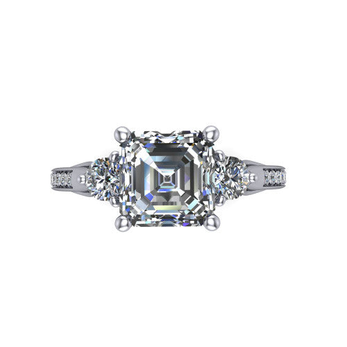 Celine square emerald three stone engagement ring in 14K White Gold, top-down view showing the step-cut square emerald center diamond with two matched round side diamonds