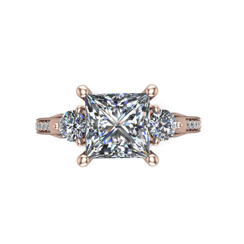 Celine princess three stone engagement ring in 14K Rose Gold, top-down view showing the brilliant princess-cut center diamond with two matched round side diamonds