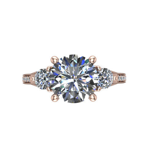Celine round three stone engagement ring in 18K Rose Gold, top-down view showing the brilliant round center diamond with two matched round side diamonds