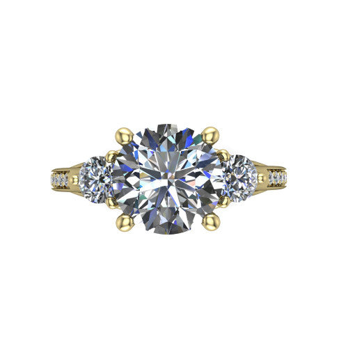 Celine round three stone engagement ring in 14K Yellow Gold, top-down view showing the brilliant round center diamond with two matched round side diamonds