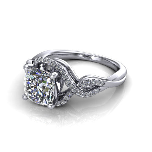 River cushion halo engagement ring in 18K White Gold, three-quarter perspective showing the brilliant cushion-cut center diamond inside a pave halo on a twisted criss-cross pave split shank