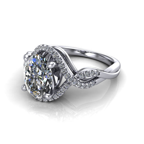 River oval halo engagement ring in 14K White Gold, three-quarter perspective showing the brilliant oval center diamond inside a pave halo on a twisted criss-cross pave split shank