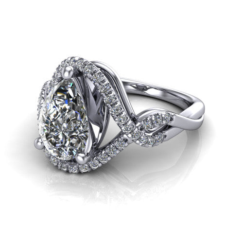 River pear halo engagement ring in 14K White Gold, three-quarter perspective showing the brilliant pear-cut center diamond inside a pave halo on a twisted criss-cross pave split shank