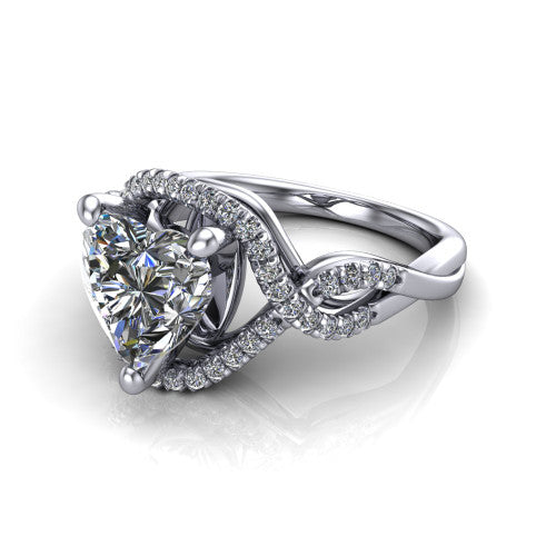 River heart halo engagement ring in Platinum, three-quarter perspective showing the brilliant heart-shaped center diamond inside a pave halo on a twisted criss-cross pave split shank